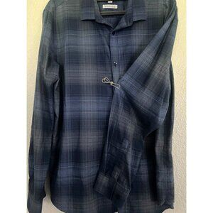Calvin Klein Mens Lrg LS Shirt Infinite‎ Cool Non-Iron Plaid Dress Blue